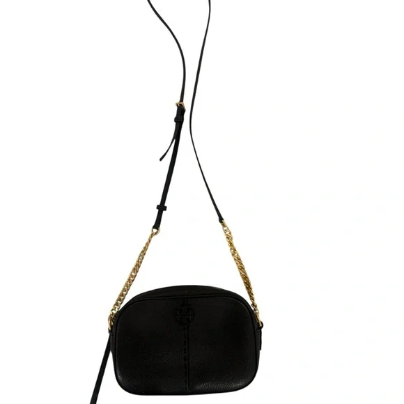 Tory Burch McGraw Camera Bag Black Pebbled Leather with Gold and Leather Chain